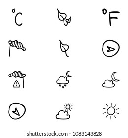 Set of 12 hand drawn cartoon weather icon set on white background