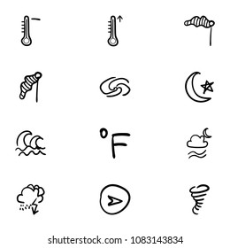 Set of 12 hand drawn cartoon weather icon set on white background