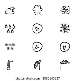 Set of 12 hand drawn cartoon weather icon set on white background