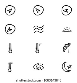 Set of 12 hand drawn cartoon weather icon set on white background