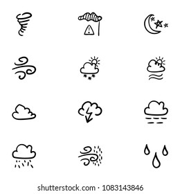 Set of 12 hand drawn cartoon weather icon set on white background