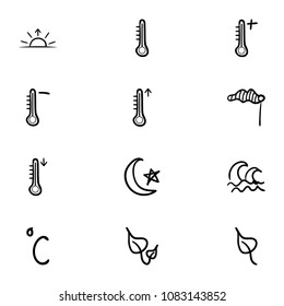 Set of 12 hand drawn cartoon weather icon set on white background