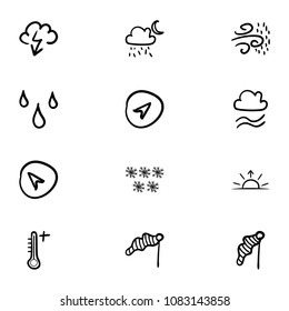 Set of 12 hand drawn cartoon weather icon set on white background