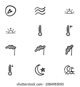 Set of 12 hand drawn cartoon weather icon set on white background