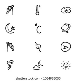 Set of 12 hand drawn cartoon weather icon set on white background
