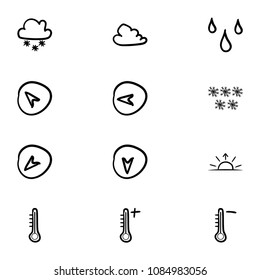 Set of 12 hand drawn cartoon weather icon set on white background