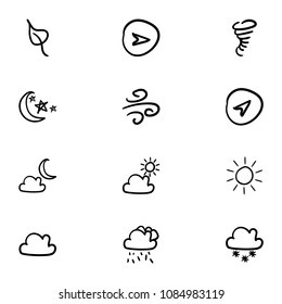 Set of 12 hand drawn cartoon weather icon set on white background