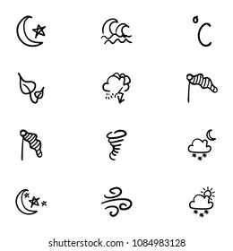 Set of 12 hand drawn cartoon weather icon set on white background