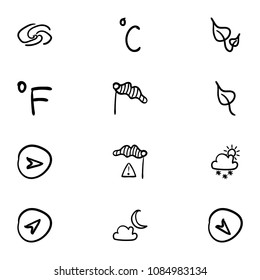 Set of 12 hand drawn cartoon weather icon set on white background