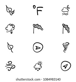 Set of 12 hand drawn cartoon weather icon set on white background