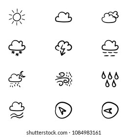 Set of 12 hand drawn cartoon weather icon set on white background