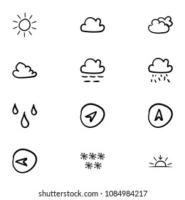 Set of 12 hand drawn cartoon weather icon set on white background