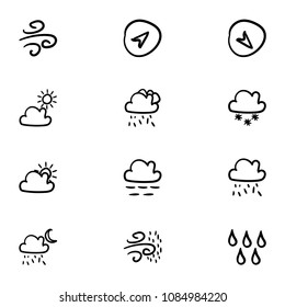 Set of 12 hand drawn cartoon weather icon set on white background