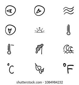 Set of 12 hand drawn cartoon weather icon set on white background