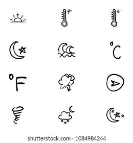 Set of 12 hand drawn cartoon weather icon set on white background