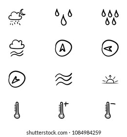 Set of 12 hand drawn cartoon weather icon set on white background