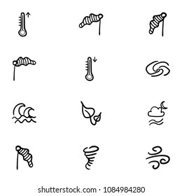 Set of 12 hand drawn cartoon weather icon set on white background