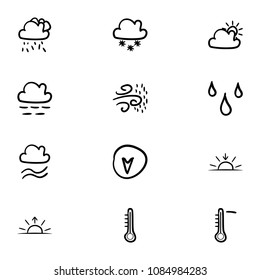 Set of 12 hand drawn cartoon weather icon set on white background