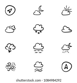 Set of 12 hand drawn cartoon weather icon set on white background