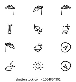 Set of 12 hand drawn cartoon weather icon set on white background