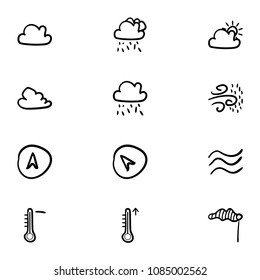 Set of 12 hand drawn cartoon weather icon set on white background