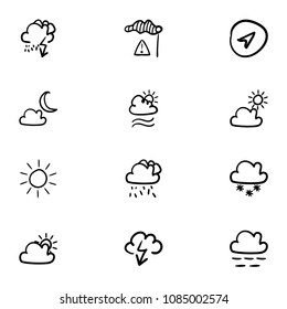 Set of 12 hand drawn cartoon weather icon set on white background