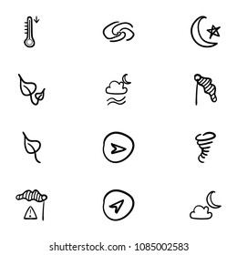 Set of 12 hand drawn cartoon weather icon set on white background