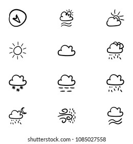 Set of 12 hand drawn cartoon weather icon set on white background