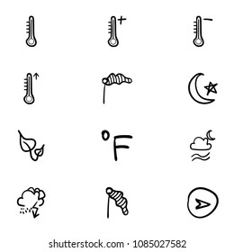 Set of 12 hand drawn cartoon weather icon set on white background