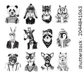Set of 12 hand drawn colorful animals hipsters