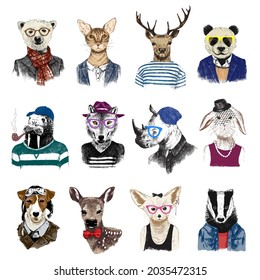 Set of 12 hand drawn colorful animals hipsters