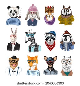 Set of 12 hand drawn colorful animals hipsters