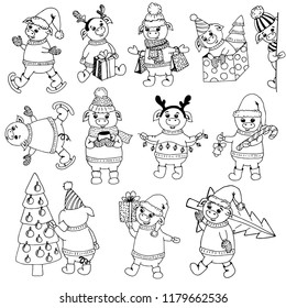 Set of 12 hand drawn cute New Year piggy, symbol of the year, design elements for Christmas, black outline on white background, vector illustration