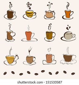 set of 12 hand drawn decorative coffee cups for your design