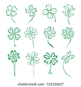 set of 12 hand drawn decorative four leaf clovers for your design