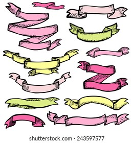Set of 12 hand drawn decorative ribbon banners, design elements. Vintage style