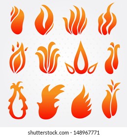 set of 12 hand drawn fire flames icons, design elements