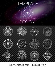 Set of 12 hand drawn geometric sacred ornaments. Creative mystic space galaxy design for poster textile. Can be used on t-shirts, tatoo, flyers, banners or web. Vector illustration. EPS 10.