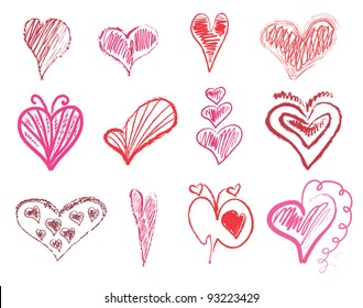 set of 12 hand drawn hearts for valentine's day