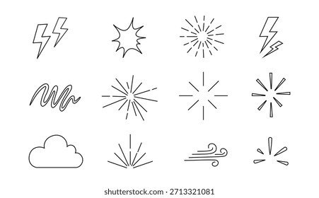 Conjunto de 12 Climas de contorno dibujado a mano e iconos de efecto relámpago, explosión, explosión de sol, nube, viento, garabato