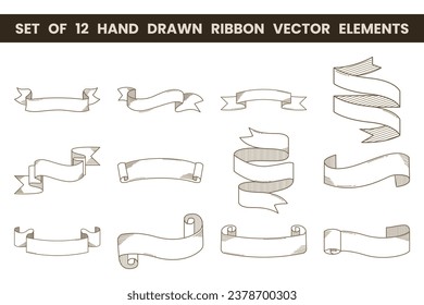 Set of 12 hand drawn ribbon vector elements. Vector illustration. Suitable for wedding invitation, aesthetic decoration, social media post, banner, promotion, advertising, etc.