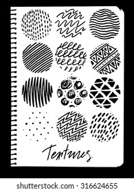 Set of 12 Hand Drawn textures made with ink. Vector. Isolated.