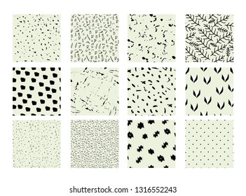 Set of 12 hand drawn trendy patterns with ink brush strokes.. Isolated on white backgrounds. Vector patterns for your design