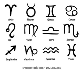 Set of 12 hand drawn zodiac signs. Black astrological symbols