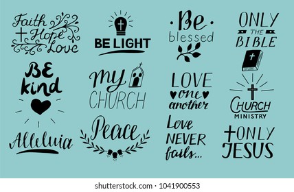 Set of 12 Hand lettering christian quotes Only Jesus. Love one another. Church ministry. Alleluia. Be light. Bible. Faith, hope. Peace. Be kind. Blessed. Biblical background. Poster Card Scripture 