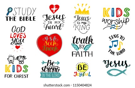 Set of 12 Hand lettering christian quotes Jesus is my king, Study the bible, Walk by faith, Kids ministry, Sing to the Lord, Be joyful, Strong, Worship . Biblical background. Scripture Sunday school. 