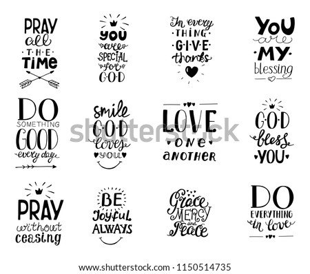 Set of 12 Hand lettering christian quotesYou blessings, Do good every day, Grace, mercy,peace, Love one another, Pray,God bless you, Give thanks. Biblical background. Poster. Calligraphy Card Scriptur
