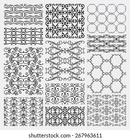 Set of 12 Hand Sketched Decorative Monochrome Seamless Backgrounds. Pattern Swatches with Transparent Background. Vector Illustration.