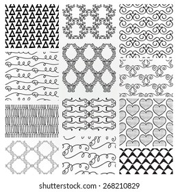 Set of 12 Hand Sketched Decorative Monochrome Seamless Backgrounds. Pattern Swatches with Transparent Background. Vector Illustration.