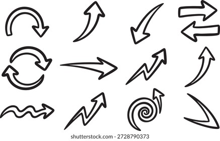 A set of 12 hand-drawn black arrows and directional symbols on a white background